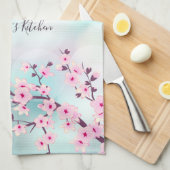 フローラピンクターコイズさくらんぼブロッサム追加の名前 キッチンタオル (四つ折り)