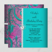 フローラピンクティール（緑がかった色）ブルーホワイトバースデーパーティー 招待状 (正面/裏面)