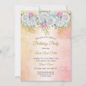 フローラピンクティール（緑がかった色）ブルー金ゴールド誕生日パーティー 招待状 (正面)