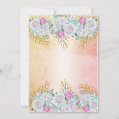 フローラピンクティール（緑がかった色）ブルー金ゴールド誕生日パーティー 招待状 (裏面)