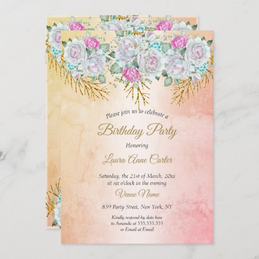 フローラピンクティール（緑がかった色）ブルー金ゴールド誕生日パーティー 招待状 (正面/裏面)