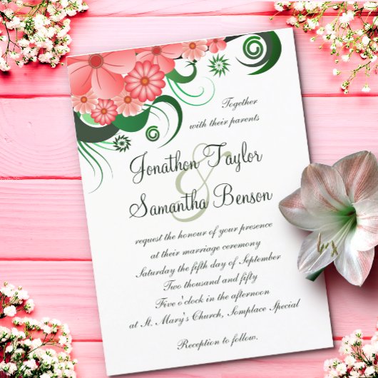 フローラピンクハイビスカス5" x 7"結婚式招待状 招待状