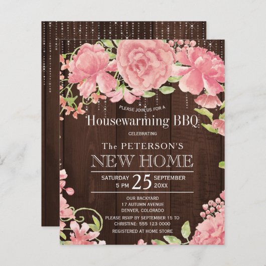 フローラピンクバジェット引っ越し祝いパーティーbbq招待 (正面/裏面)