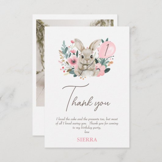 フローラピンクバニー誕生日サンキューカード サンキューカード (正面/裏面)