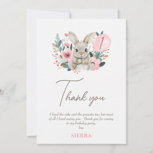 フローラピンクバニー誕生日サンキューカード 招待状 (正面)