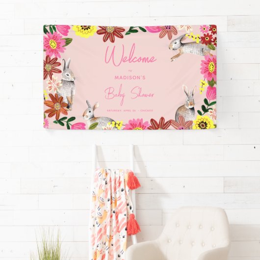 フローラピンクバンニーベビーシャワーパーティー 横断幕 (インサイチュ)