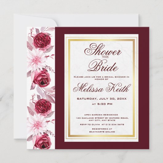 フローラピンクバーガンディースクリプトブライダルシャワースクエア 招待状 (正面)