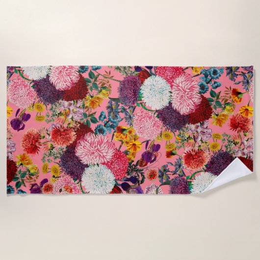 フローラピンクパターン ビーチタオル (正面)