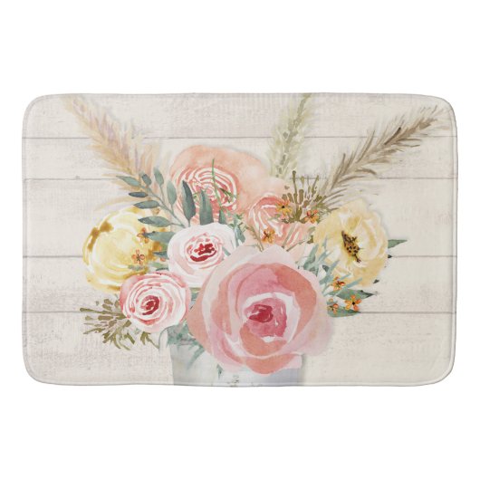 フローラピンクパンパスコテージシックウッドウォーターカラー バスマット (正面)