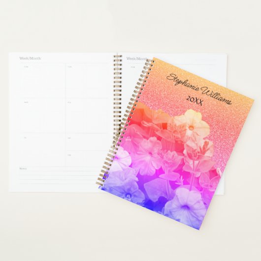 フローラピンクパープルグリタリー名前をカスタムするギフトお願い プランナー手帳 (ディスプレー)