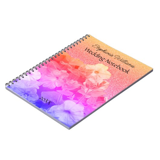 フローラピンクパープルグリッタリー名前をカスタムする結婚ズ ノートブック (左側)