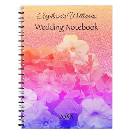 フローラピンクパープルグリッタリー名前をカスタムする結婚ズ ノートブック (正面)