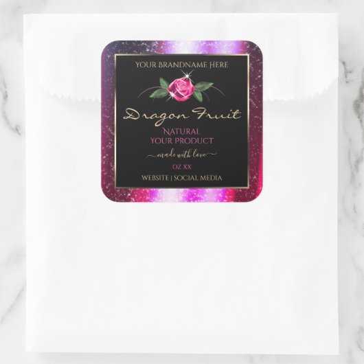 フローラピンクパープルグリッターブラック製品ラベル スクエアシール (バッグ)