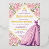 フローラピンクパープルドレスエレガントキンセアニェラ金ゴールド 箔招待状 (正面)