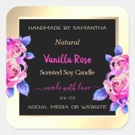 フローラピンクパープルブラックおよび金ゴールド製品ラベル スクエアシール