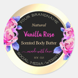フローラピンクパープルブラックおよび金ゴールド製品ラベル ラウンドシール