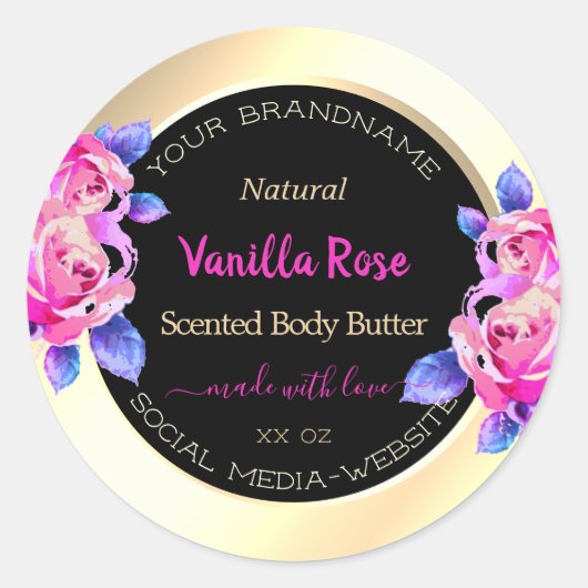 フローラピンクパープルブラックおよび金ゴールド製品ラベル ラウンドシール (正面)