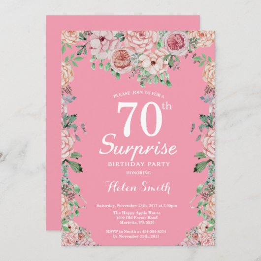 フローラピンクピニーズサプライズ70th誕生日 招待状 (正面/裏面)