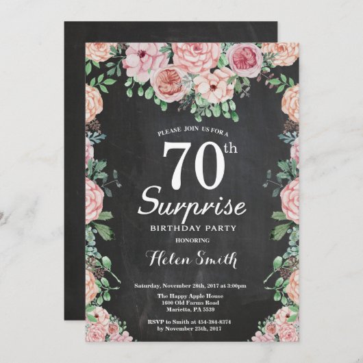 フローラピンクピニーズサプライズ70th誕生日 招待状 (正面/裏面)