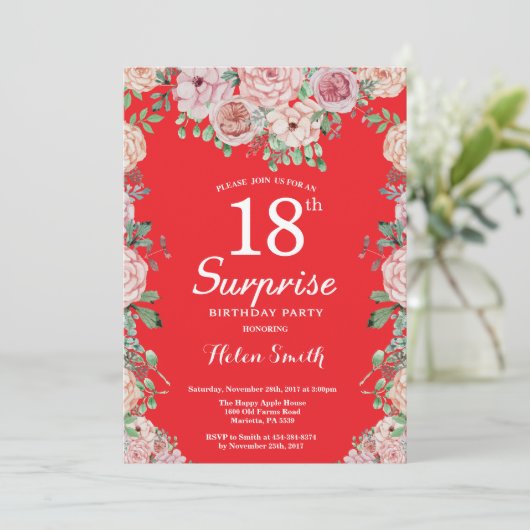 フローラピンクピニーズ18thサプライズ誕生日レッド 招待状 (スタンド正面)
