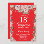フローラピンクピニーズ18thサプライズ誕生日レッド 招待状 (正面/裏面)