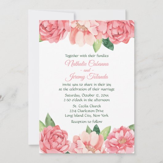 フローラピンクピニーバラズウエディングフラワーズピーニーズ 招待状 (正面)