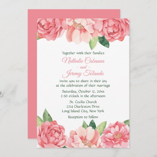 フローラピンクピニーバラズウエディングフラワーズピーニーズ 招待状 (正面/裏面)