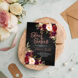 フローラピンクピーオンブラックSweet sixteen誕生日 招待状