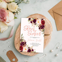 フローラピンクピーオンブルゴーニュ16誕生日 招待状