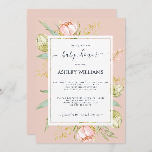 フローラピンクピ素朴オニーボホピンクベビーシャワー 招待状 (正面/裏面)