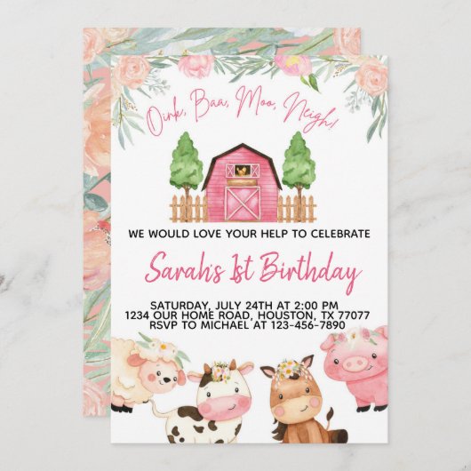 フローラピンクファームウォーターカラー招待状 招待状 (正面/裏面)