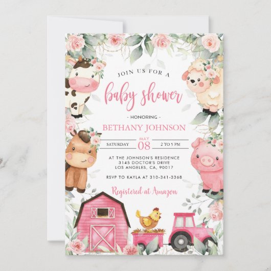 フローラピンクファーム動物赤ちゃんシャワー招待状 招待状 (正面)