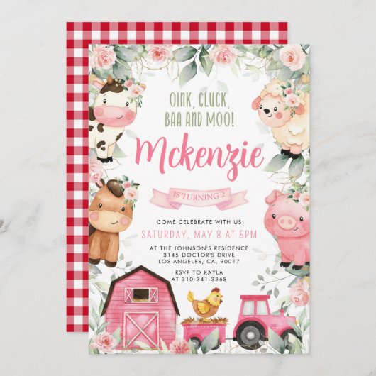 フローラピンクファーム誕生日パーティーの招待 招待状 (正面/裏面)