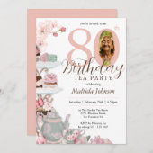 フローラピンクフォトティーパーティー80誕生日 招待状 (正面/裏面)
