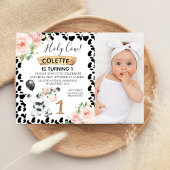 フローラピンクフォトブラック牛プリント1st誕生日 招待状