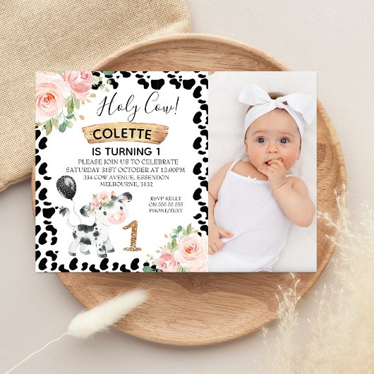 フローラピンクフォトブラック牛プリント1st誕生日 招待状