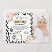 フローラピンクフォトブラック牛プリント1st誕生日 招待状 (正面)