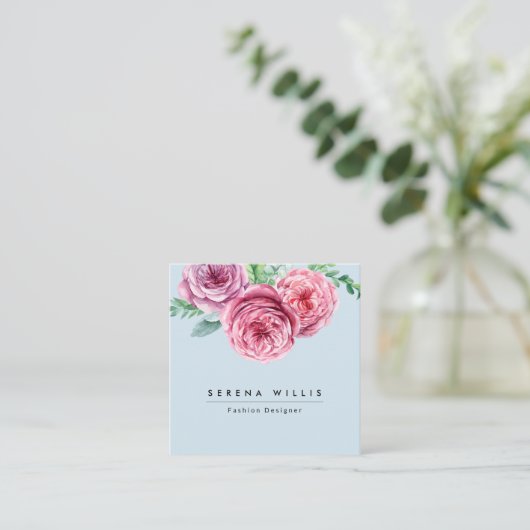 フローラピンクフラワーシンプルズ青シック スクエア名刺 (スタンド正面)