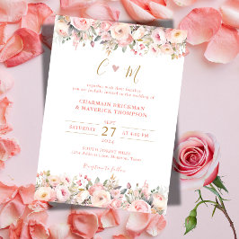 フローラピンクフレーム金ゴールドモノグラム結婚ズ 招待状