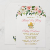 フローラピンクブライダルシャワーティーパーティー招待状金ゴールドT 招待状 (正面/裏面)