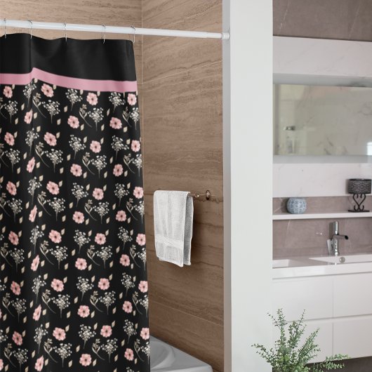 フローラピンクブラックバスルームのシャワーカーテン シャワーカーテン