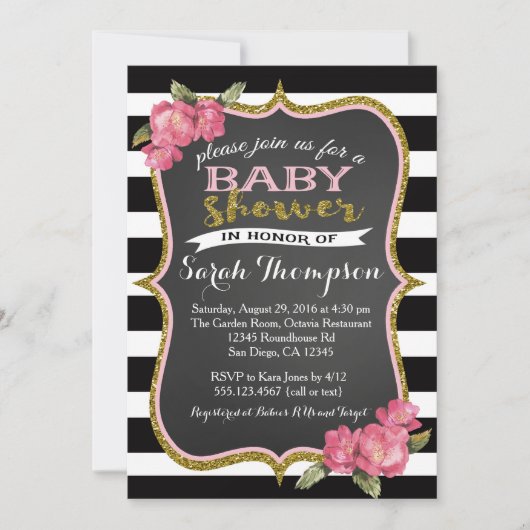 フローラピンクブラック&ホワイトベビーシャワー招待状 招待状 (正面)