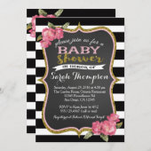 フローラピンクブラック&ホワイトベビーシャワー招待状 招待状 (正面/裏面)