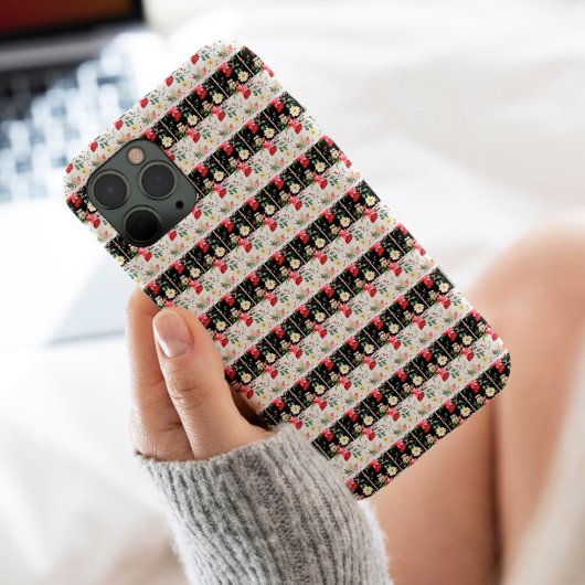 フローラピンクブラック&ホワイトレトロ横型ストライプ Case-Mate iPhoneケース