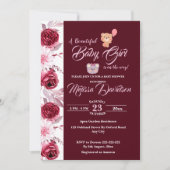 フローラピンクブルゴーニュ水彩少女ベビーシャワー  招待状 (正面)