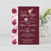 フローラピンクブルゴーニュ水彩少女ベビーシャワー  招待状 (スタンド正面)