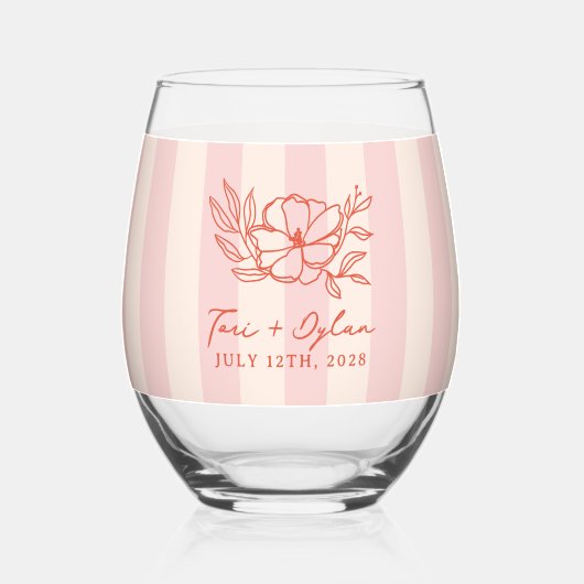 フローラピンクブーケストライプー結婚ズ ステムなしワイングラス (正面)