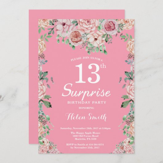 フローラピンクプオーニー13thサプライズ誕生日 招待状 (正面/裏面)