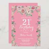 フローラピンクプオーニー21歳の誕生日招待状 招待状 (正面/裏面)