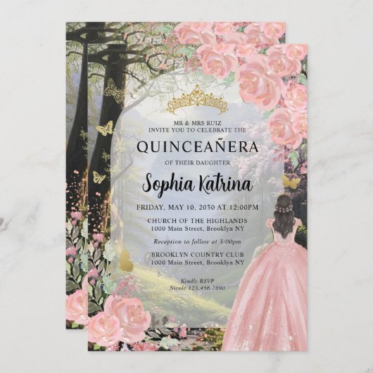 フローラピンクプリンセスフォレスト誕生日キンセアニェラ 招待状 (正面/裏面)